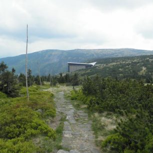 Labská bouda a stezka vedoucí od Sněžných jam. Horizont tvoří hora Kotel a Labský důl